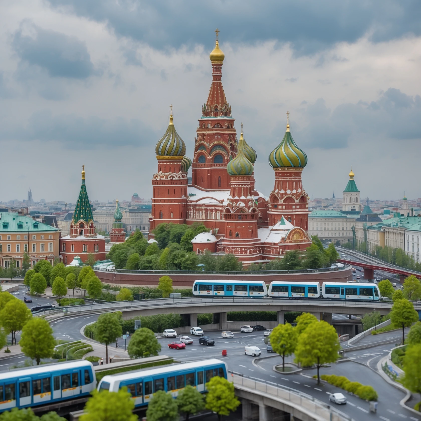 Изометричная миниатюрная 3D модель Москвы на подставке - фотореалистичный Кремль, собор Василия Блаженного, фотореалистичный Башни Москва-Сити, аккуратная детализация, яркие цвета, мультяшный реализм, гуляют люди и современный автотранспорт и метро, компактная композиция, вид сверху в изометрии emoji