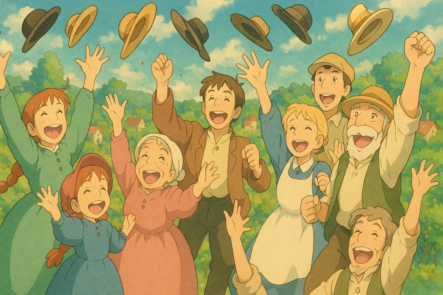 group of people cheering and throwing hats, ghibli style emoji