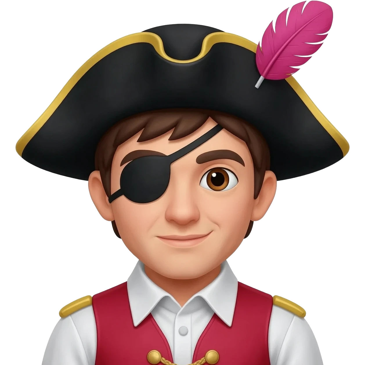 Captain Feathersword from the wiggles with brown eyes, dark brown hair, white metallic shirt, red vest, black tricorn hat with pink feather, one black eyepatch emoji