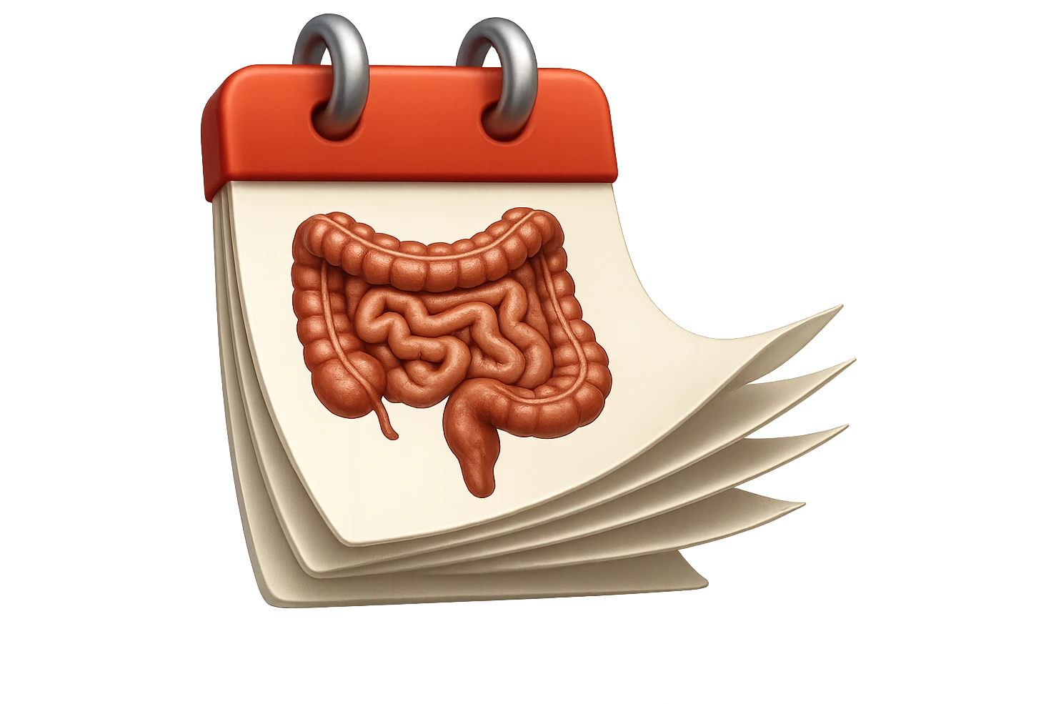emoji stile iphone di un calendario con fogli che volano insieme, sui fogli ci sono disegnati degli intestini anatomici, iperrealistico 4k, isolato su sfondo bianco emoji