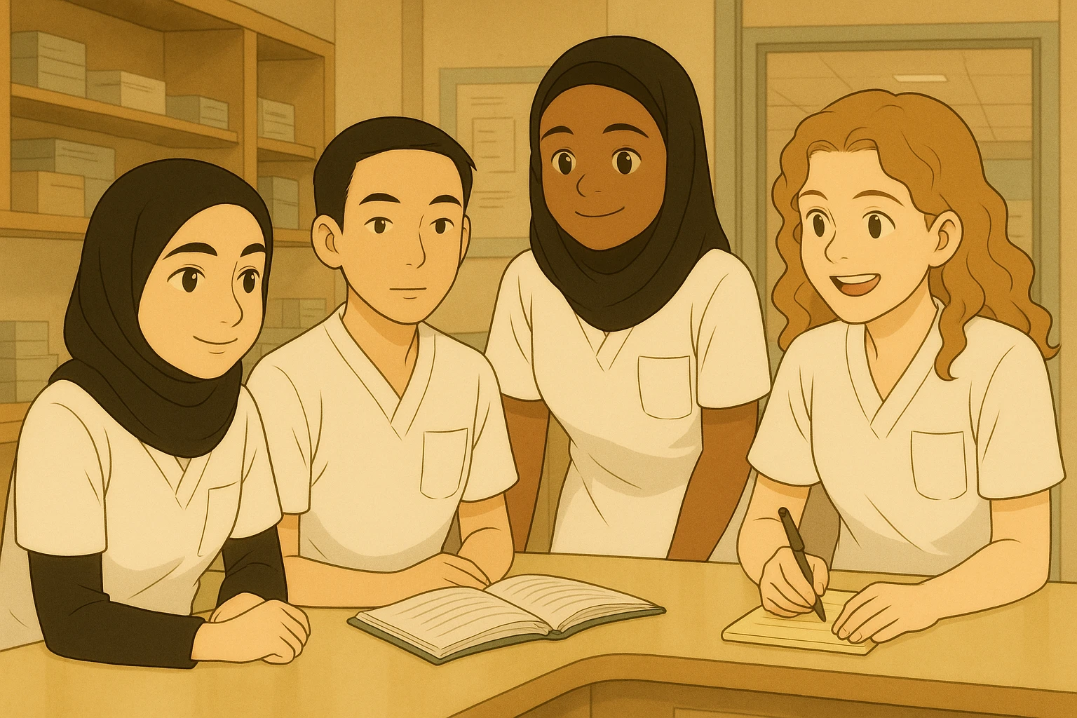 Recreate a scene faithfully inspired by the faces and characteristics of the four nursing students in the provided photos. They collaborate in a care station with a team atmosphere, in Ghibli style. They wear white short-sleeved uniforms with V-neck medical tunics, left chest pocket, no stand-up collar, no stethoscopes, nothing protruding from the sleeves. The setting is a care station with natural interaction among the students. emoji