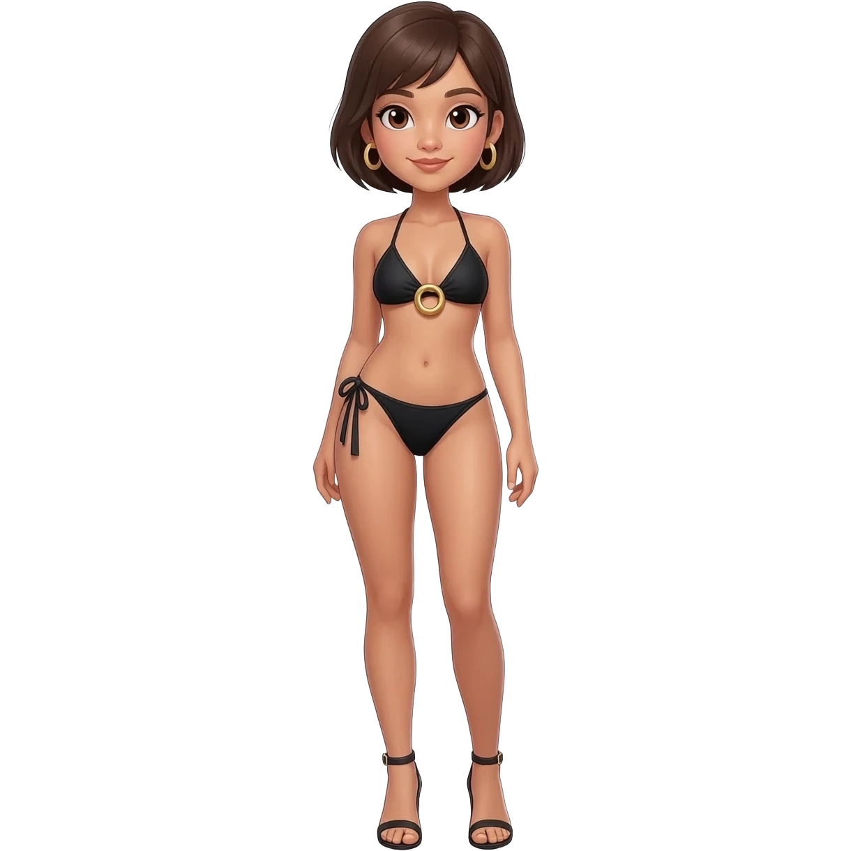 Filipino girl black triangle top gold o ring top bikini and tie tanga bikini bottom full body slim stand straight with high heels sandals brown short hair emoji