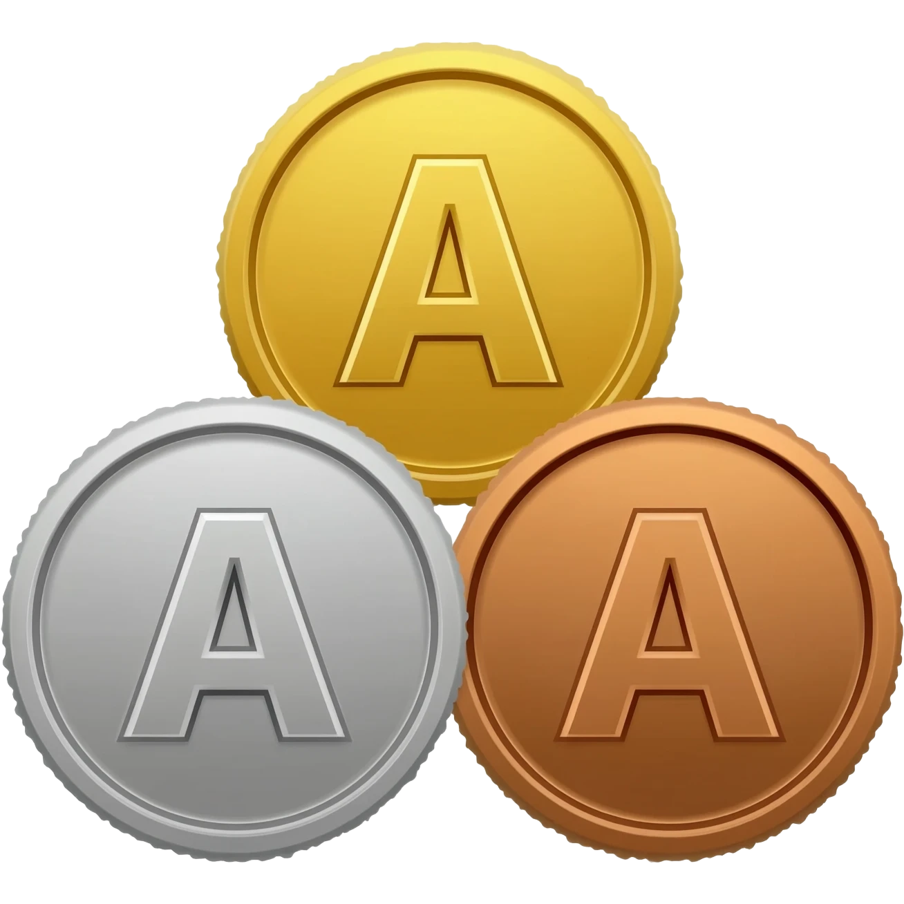 A bunch of 3 coins with an A on the center of the 3 coins, 1 of them are golden, 1 of them are silver & 1 of them are of bronze emoji