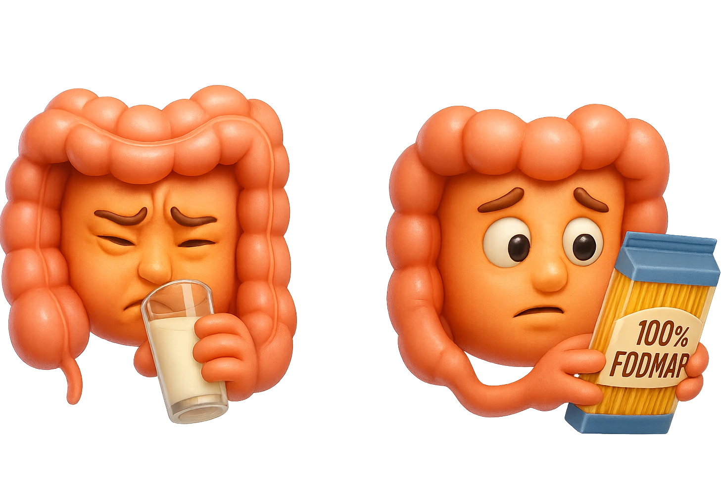 emoji stile iphone di un intestino che beve latte e ha un espressione di dolore e un intestino che guarda un pacco di pasta con la scritta "100% FODMAP" SULL'ETICHETTA CON ESPRESSIONE CONFUSA, iperrealistico 4k, isolato su sfondo bianco emoji