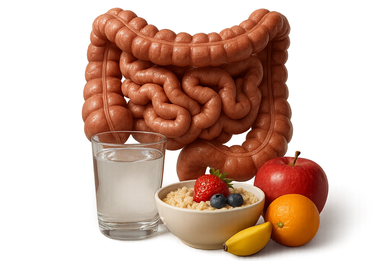 intestino umano anatomico sullo sfondo, davanti a lui un bicchiere di acqua, una bowl di avena e un po' di frutta mista, iperrealistici 4k emoji