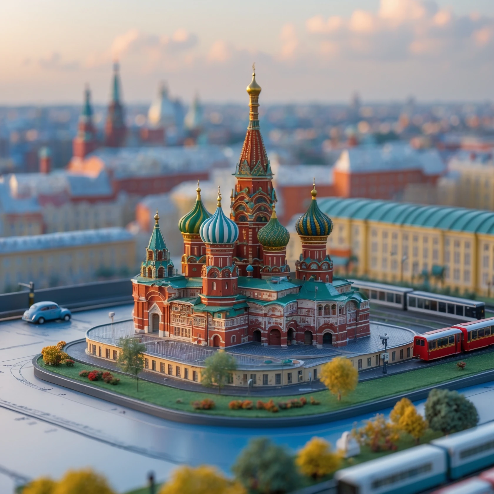 Изометричная миниатюрная 3D модель Москвы на подставке - фотореалистичный Кремль, собор Василия Блаженного, фотореалистичный Башни Москва-Сити, аккуратная детализация, яркие цвета, мультяшный реализм, гуляют люди и современный автотранспорт и метро, компактная композиция, вид сверху в изометрии emoji
