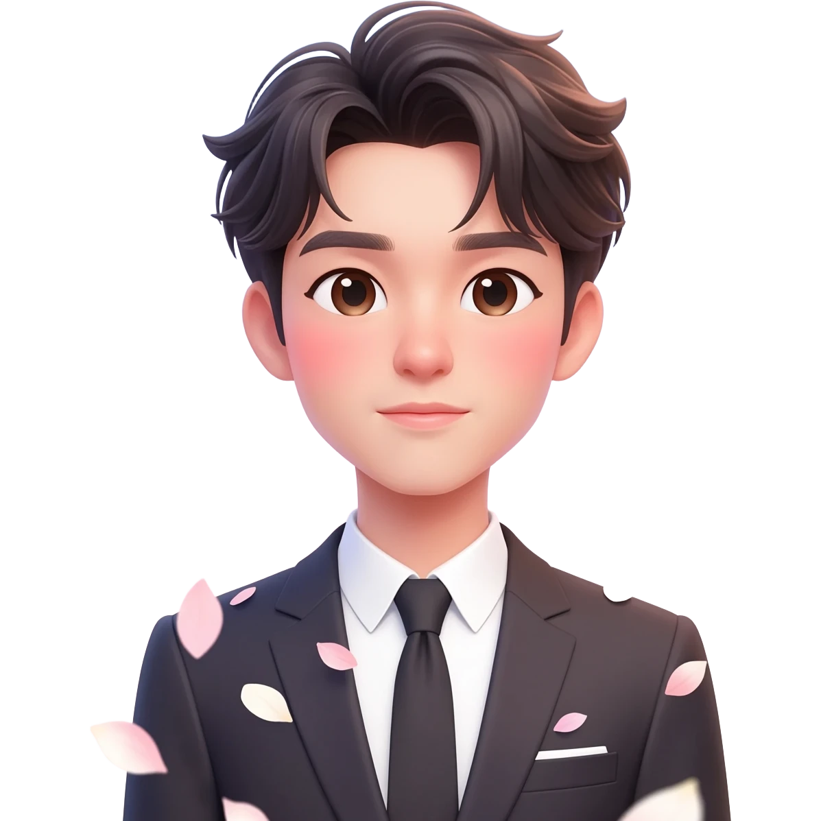 Gorgeous romantic anime style Asian formal modern gentlemanly guy with pretty hair and flower petals and blushing face aesthetic trending style outside with colorful gradient colors  pastelcore cottagecore kawaiicore emoji