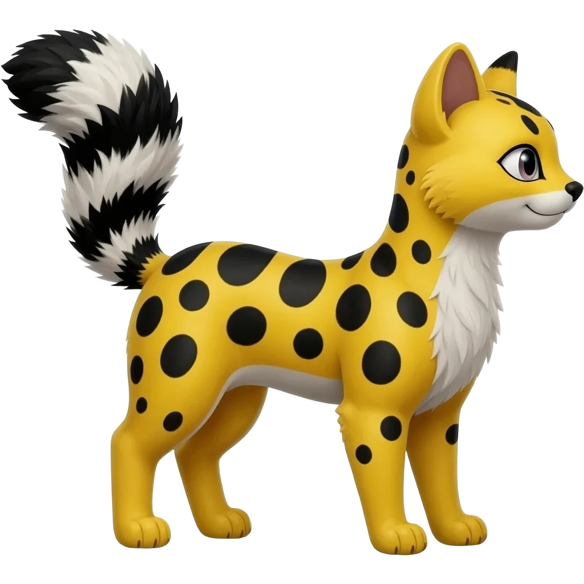 Lanky slender beautiful elegant spotted hype-realistic, black-maned, vibrant yellow Genet-Serval-Civet-fusion-hybrid-furry-fursona, full body, with a long puffy fluffy black-and-white-striped tail emoji