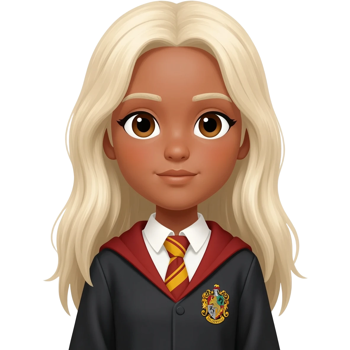 a house with hufflepuff-house-student-friend-group girl-tanned-skin and super-long straight light platinum blonde hair-brown eyes emoji