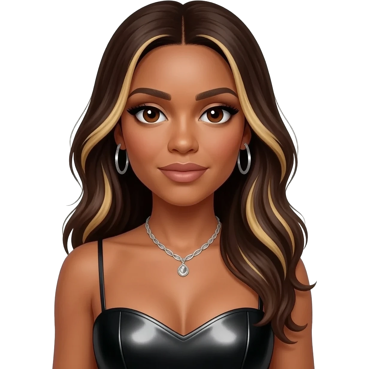 Ciara, R&B Singer with dark brown eyes, long dark brown hair with blonde highlights, black metallic sweetheart dress, silver necklace with earrings emoji