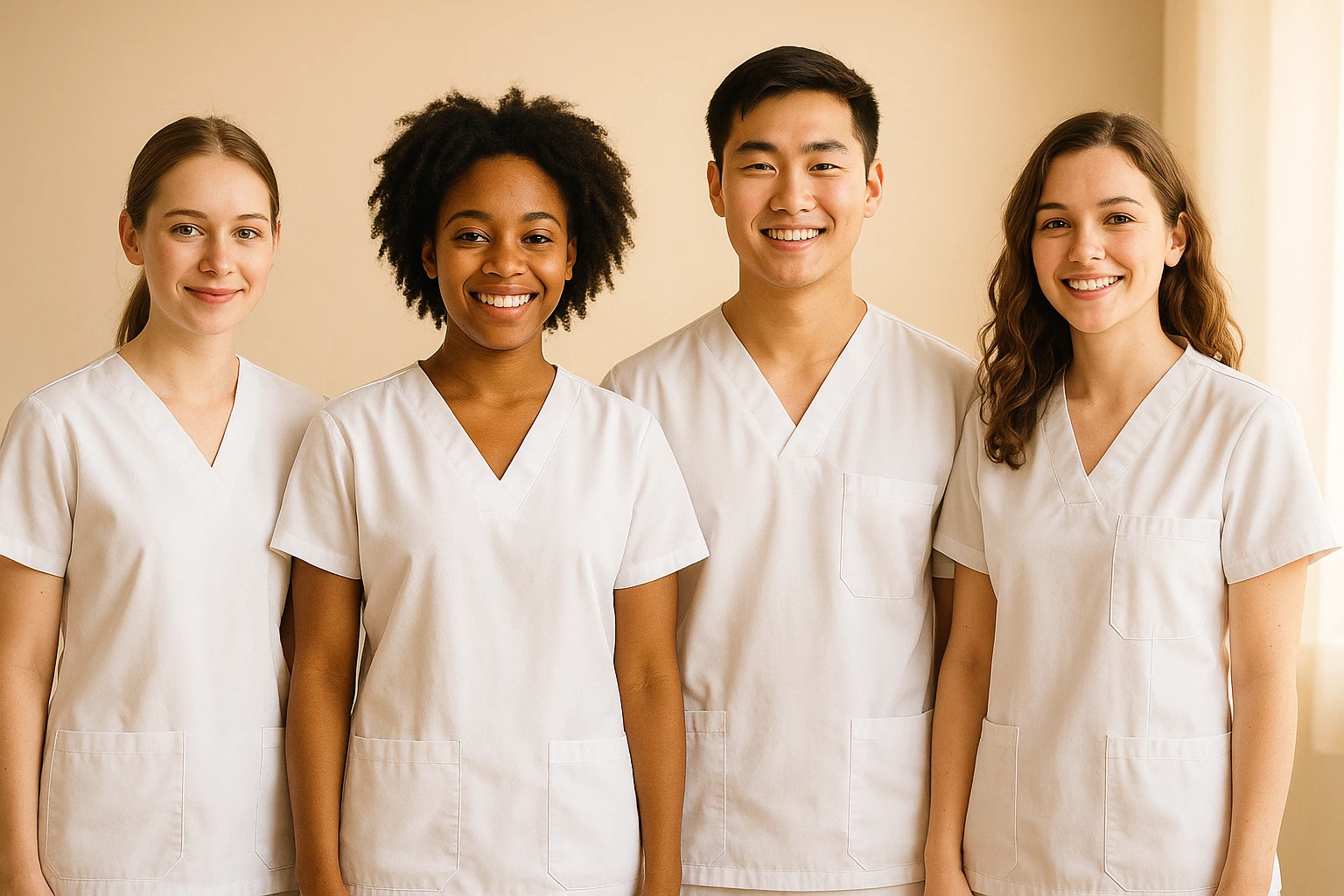 four nursing students standing side by side without touching, warm atmosphere, wearing short-sleeved white uniforms, no undershirts or stethoscopes emoji