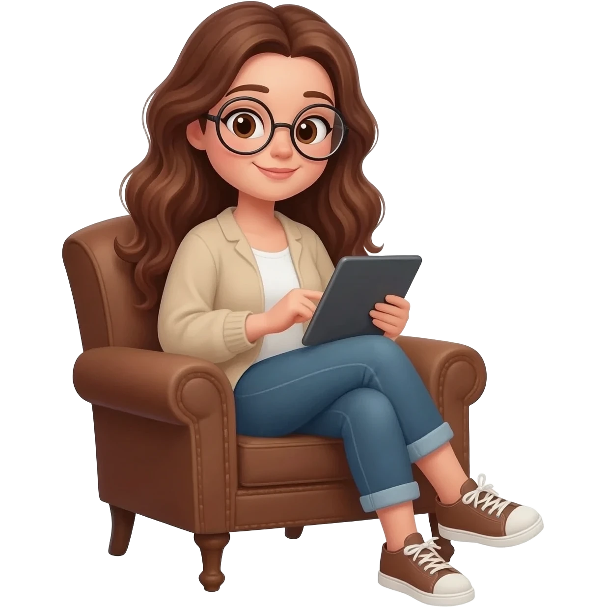 detailed emoji illustration of a curvy woman with long chestnut brown wavy hair, light brown eyes and round glasses sitting in a brown vintage armchair while reading on an e-reader tablet, cozy reading atmosphere, cute emoji style emoji