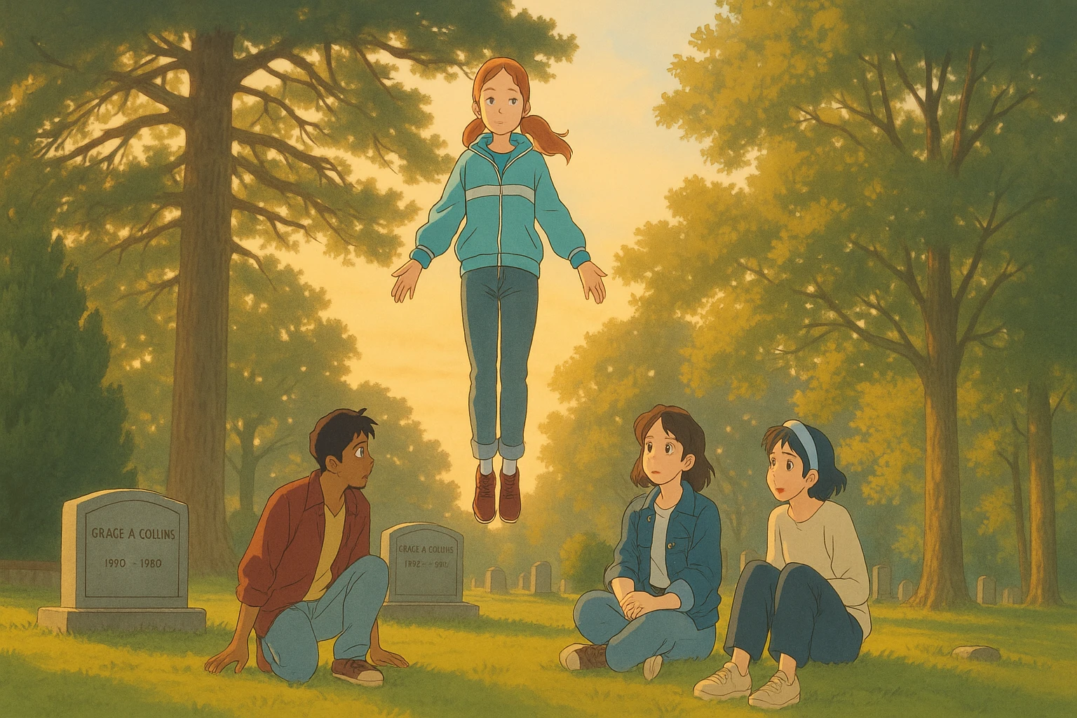 Max from Stranger Things levitating in the cemetery at sunset, warm golden light, friends watching with concern, Ghibli style, wide aspect ratio (16:9), soft and emotional scene. emoji