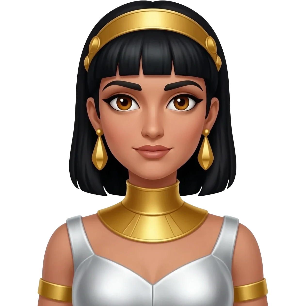 Cleopatra from Rome Mythology with hazel eyes, long black hair, white metallic sheath dress, gold collar and earrings, gold diadem emoji