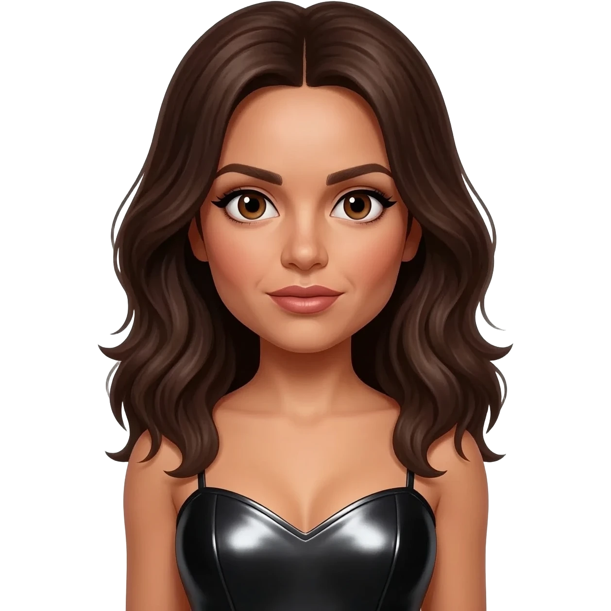 Posh Spice from Spice Girls with brown eyes, dark brown hair, black metallic sweetheart dress emoji