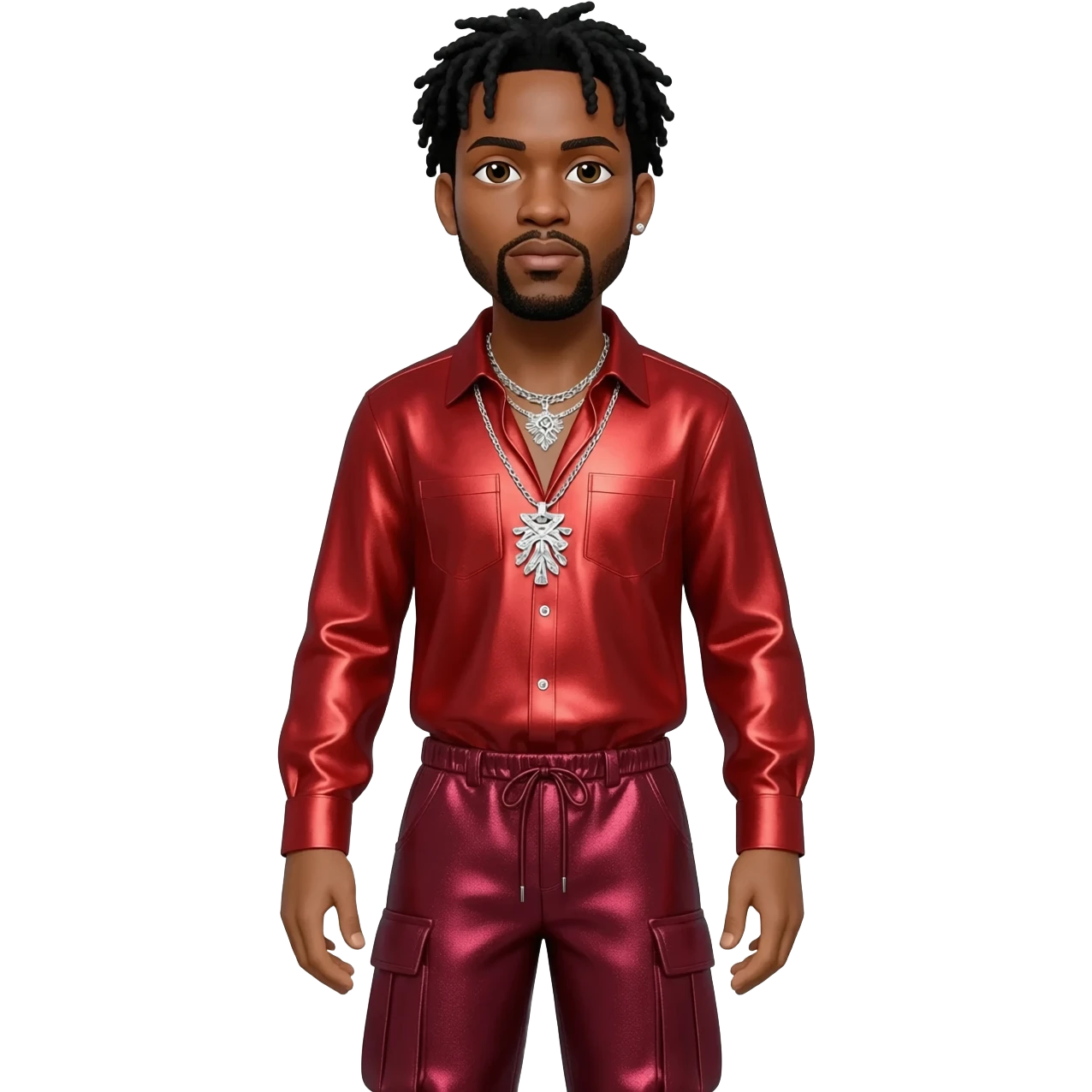 Ginuwine with black hair, red metallic shirt, maroon metallic baggy pants, silver necklace emoji