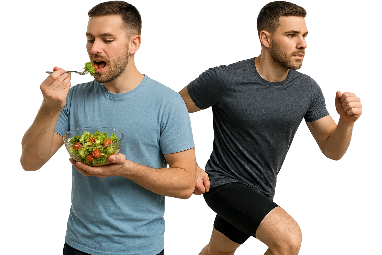 uomo fitness che mangia insalata accanto a uomo identico esteticamente che corre, iperrealistici 4k emoji