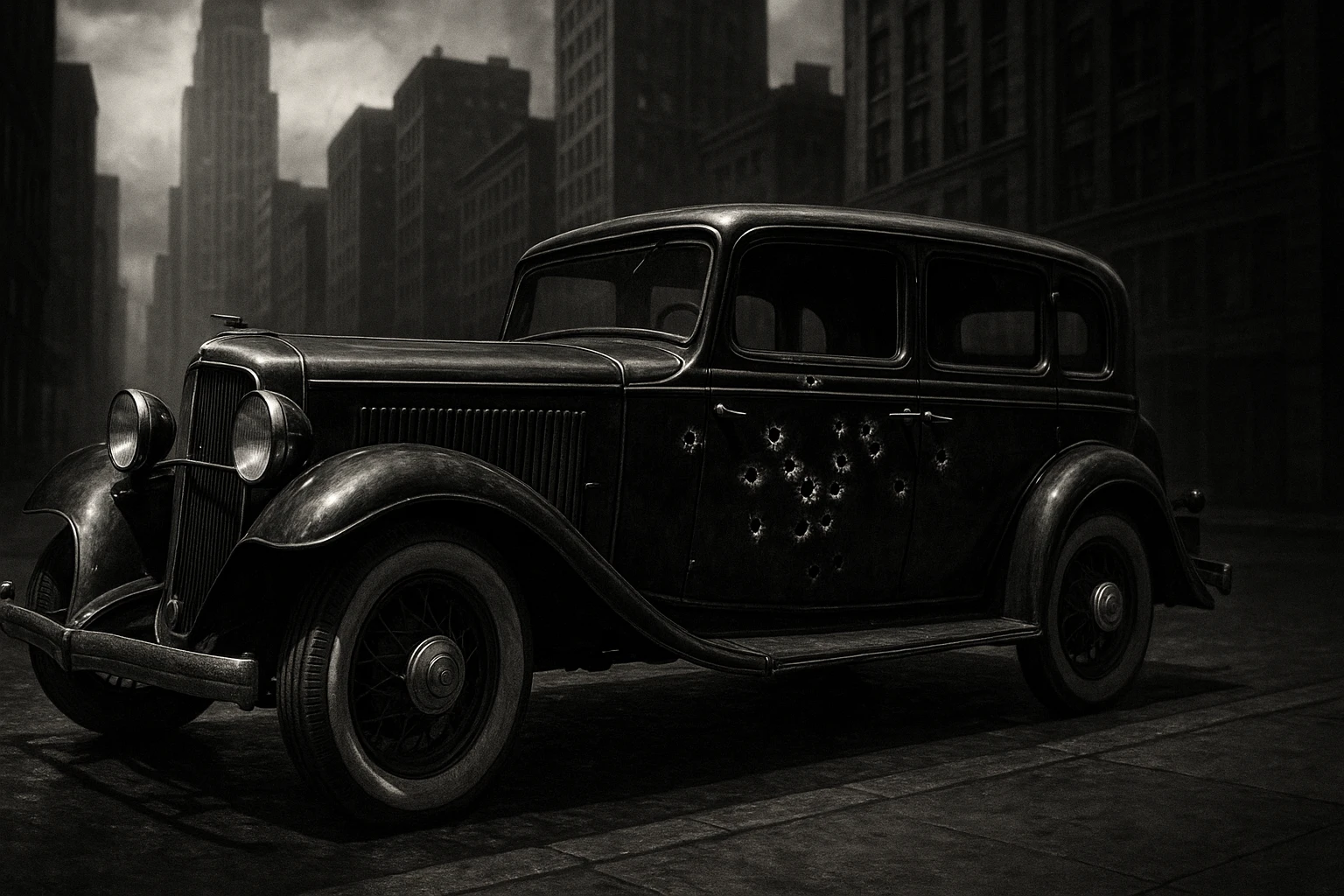 classic black 1920s Chicago mobster car with bullet holes, city backdrop, vintage noir style emoji