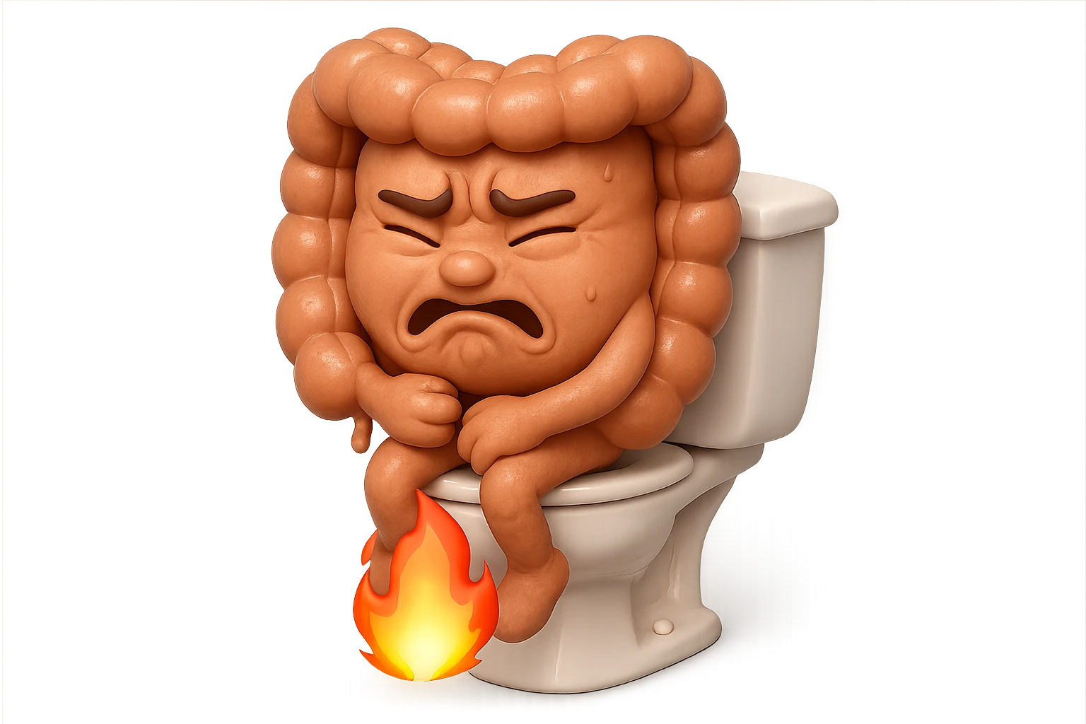 SU QUESTO STILE FAI UN EMOJI STILE IPHONE 3D DI UN INTESTINO CHE sta seduto sul wc e dal wc in mezzo alle sue gambe esce una fiamma stile emoji iphone, FAGLI UN ESPRESSIONE di dolore mentre si sforza E FALLO MOLTO REALISTICO IN 3D emoji