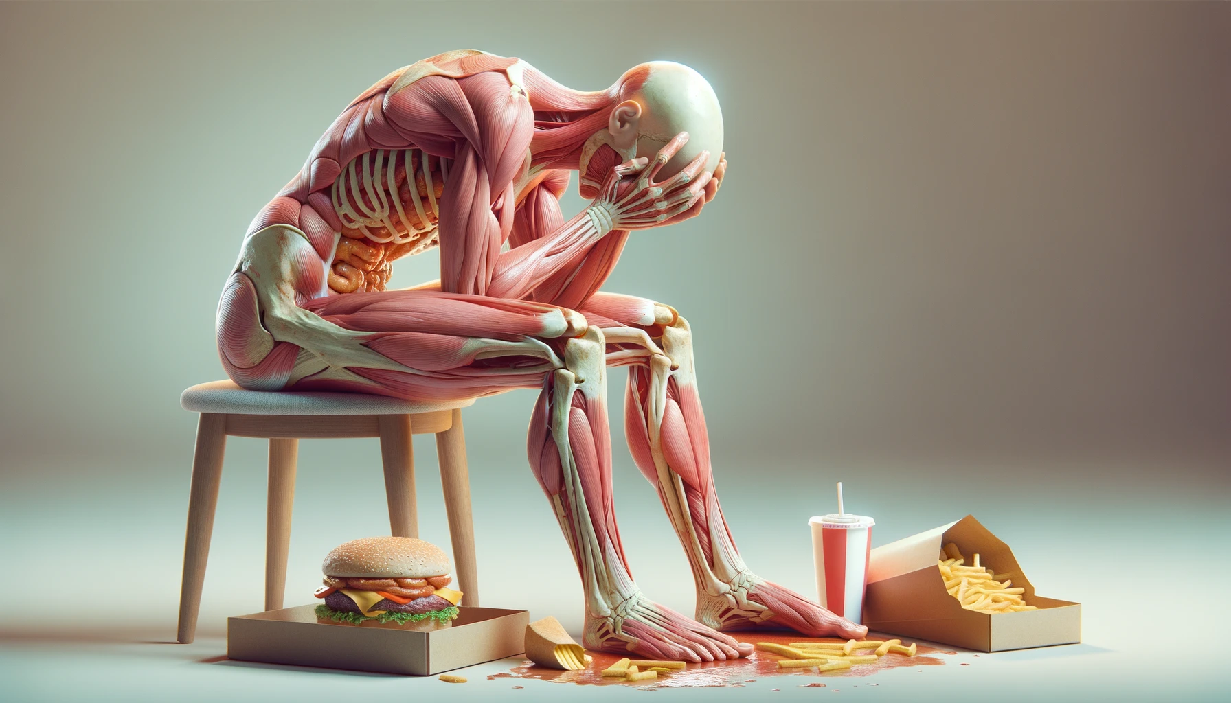 CORPO UMANO ANATOMICO CHE MANGIA FAST FOOD E STA MALE, SFONDO NEUTRO CHIARO, IPERREALISTICO 4K emoji