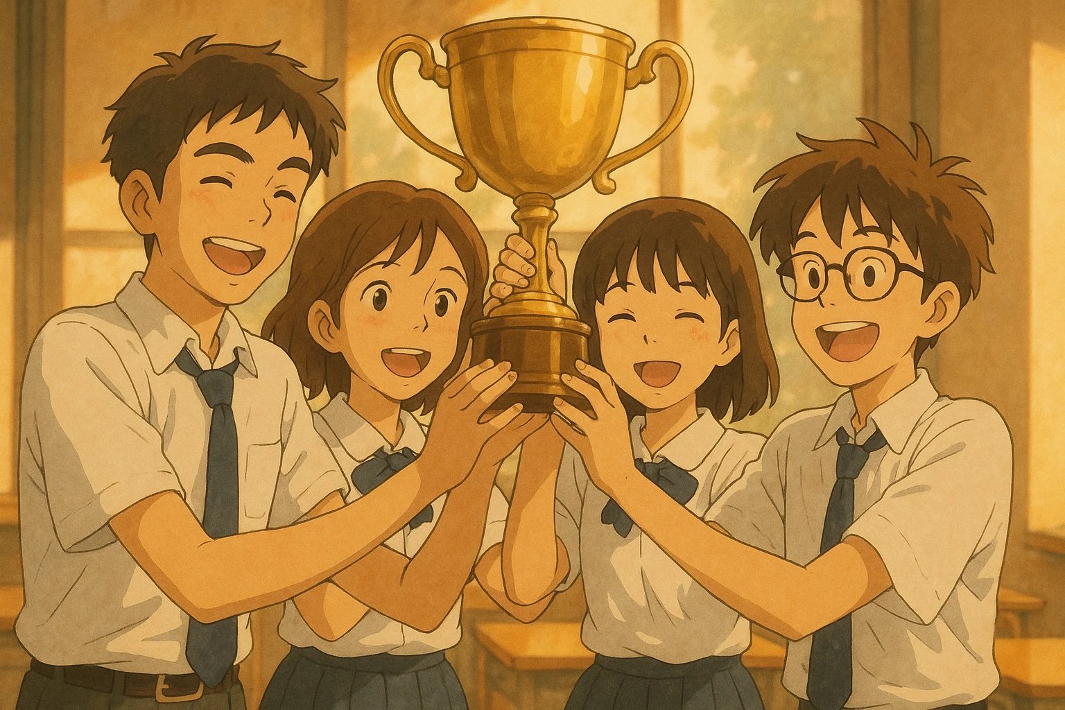four students lifting a trophy, warm atmosphere, ghibli style, soft lighting emoji