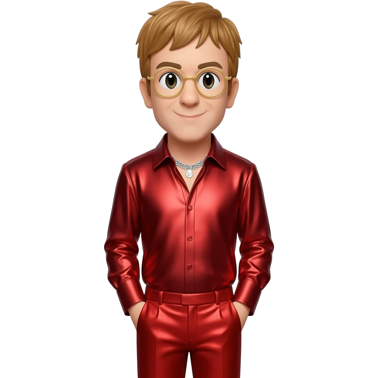 Elton John with golden brown hair, red metallic shirt, red metallic faux suit pants, silver necklace emoji