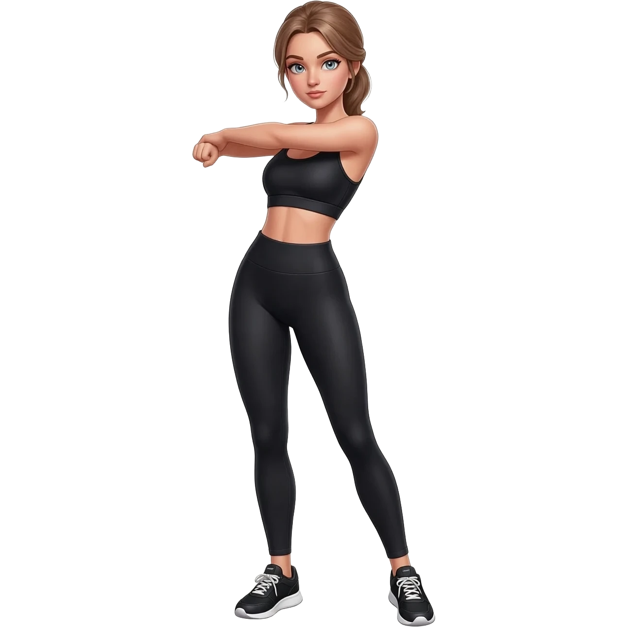 shoulder rolls, fair-skinned woman, light gray-blue eyes, ash brown brows, ash light brown hair tied back, slim athletic body, black workout set, black sneakers with white soles emoji