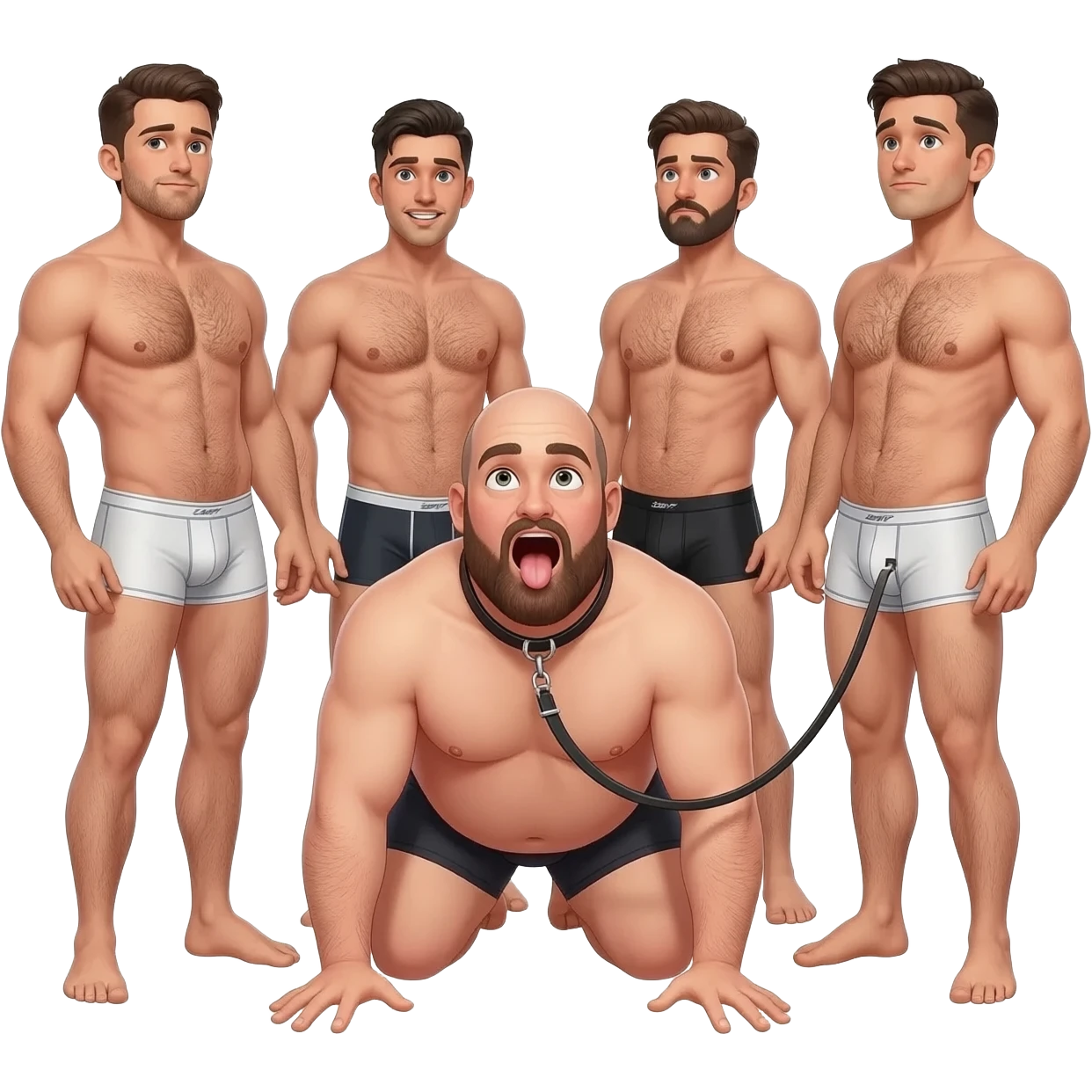 A group of shirtless alpa males with hairy chested in underwear surrounding a chubby bald bearded guy in underwear looking up at the men with mouth wide open and tongue out on his hands and knees wearing a collar and leash held by one man emoji