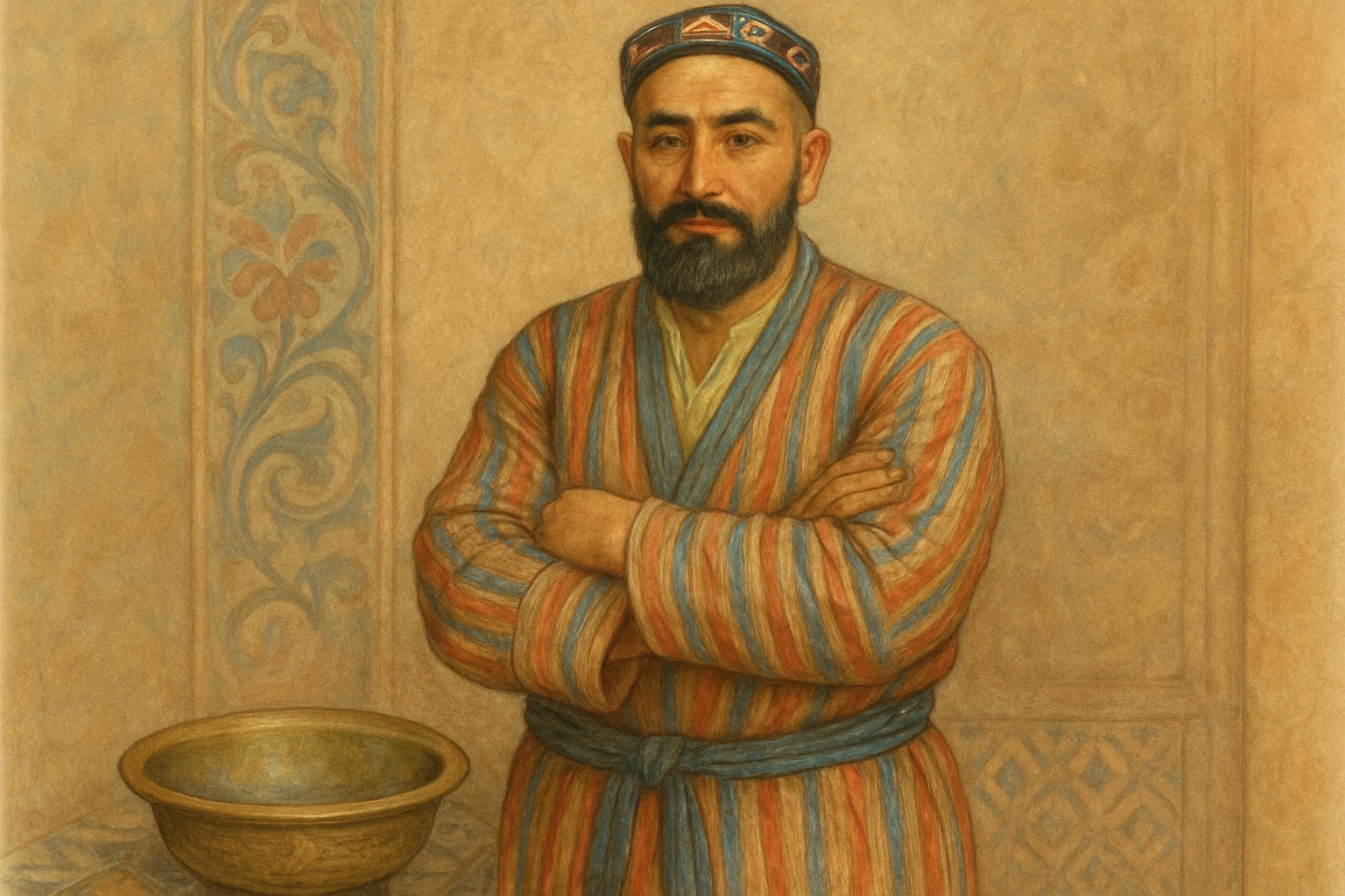 uzbek sartaroshi qo'lini qovushtirib turibdi yon taraf sal pastroq rakusdan emoji