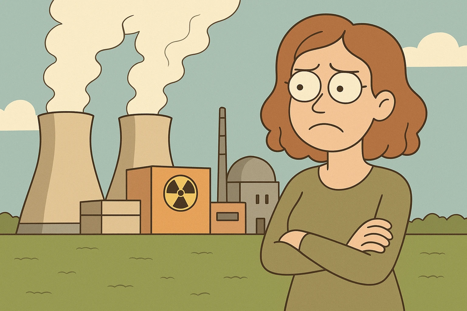 flat design of a nuclear power plant with two cooling towers, subtle steam, green field, environmental focus emoji