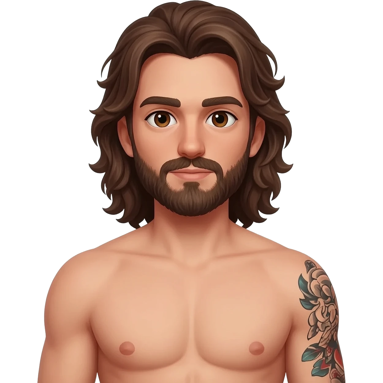 Male brunette, long hair beard, brown eyes, arm sleeve tattoo, fully naked with a twin inch big penis emoji
