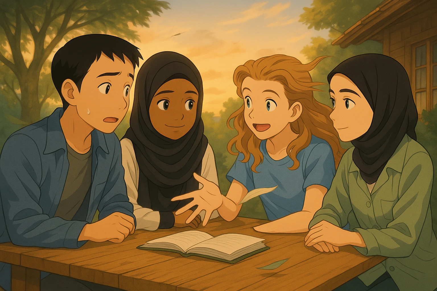 Keep the original faces as much as possible. Another student from the group (not the blonde girl) is about to speak, looking a bit hesitant, while the others listen attentively. The wind is blowing, causing hair and clothes to move slightly, and the pages of the book to lift due to the wind. Maintain the same outdoor ambiance and setting in Ghibli style. emoji