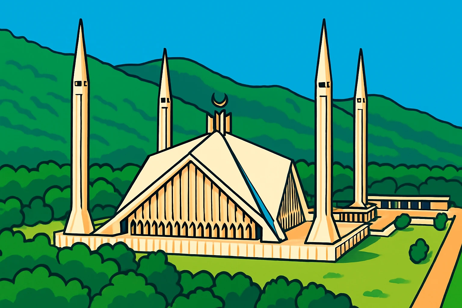 Create an illustration of Faisal Mosque in vibrant toon style with lush green surroundings and bright architectural details, inspired by the reference image. emoji
