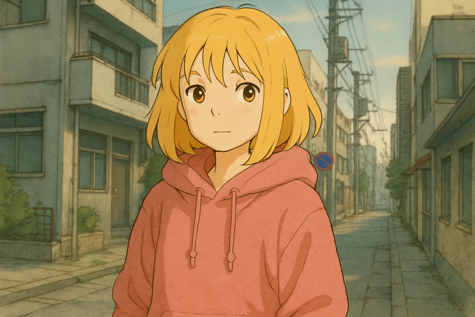 A girl yellow hair brown eyes pink Urban Heavy Loose Fit Hood Sweat emoji