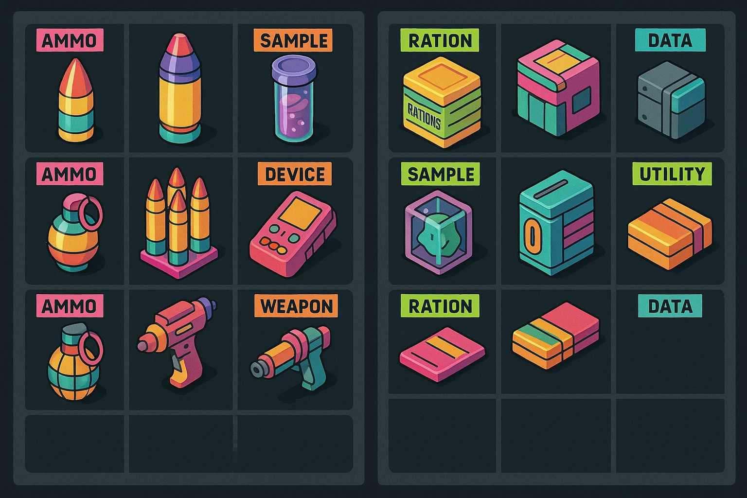 a virtual display, a gray grid with darker gray cells, each cell containing an item viewed in isometric minimalism render The cells have pastel neon colored labels in their upper corner, indicating various traits of the items. retrofuturism, circa 2880's.
The items are scientific and military in nature - varieties of munitions, scientific samples, rations, data storage, utilities. There are two arrays of grids, one left, one right. Each array has a few empty spaces at the bottom. "graphic realism." brutalism. the items are adorned in bright colors, neon-safety, early 90's pallete emoji