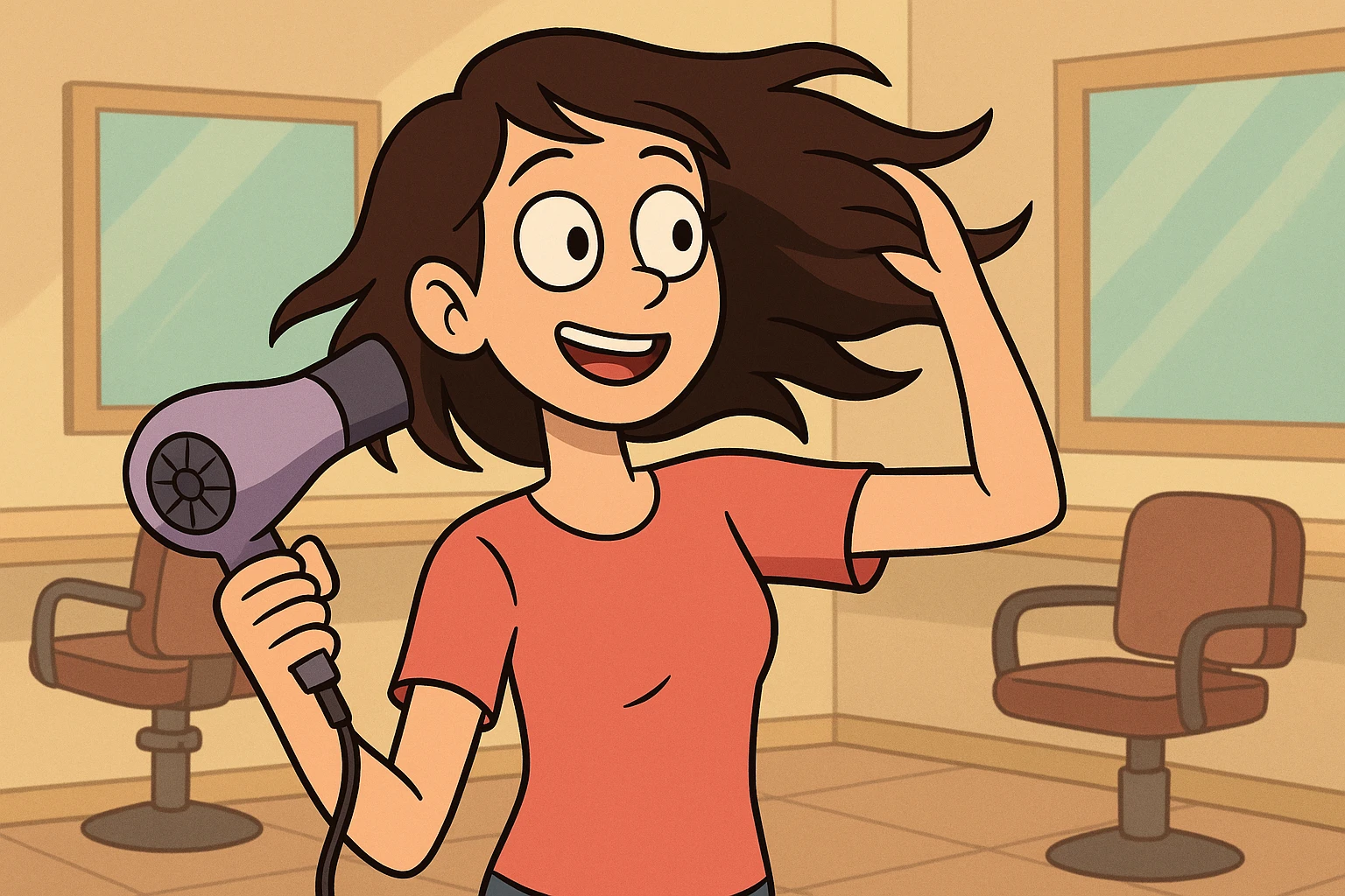 joven mujer en la peluquería usando secador de cabello, estilo cartoon, colores vivos, fondo con sillas y espejos emoji