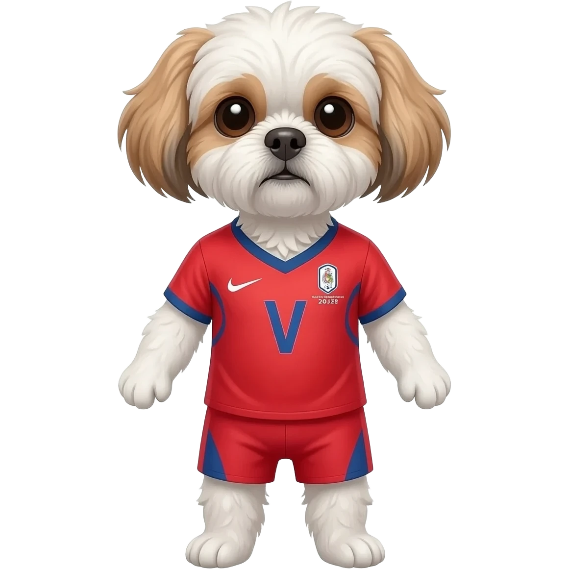 white and light brown shih zhu wearing a South Korea soccer jersey v neck 2026 work cup emoji