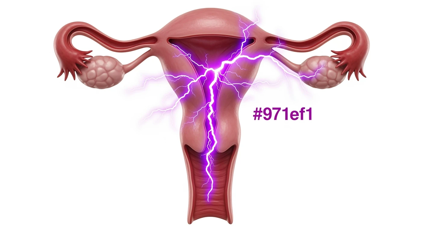 utero umano anatomico iperrealistico con fulmine di dolore sopra con questo colore: #971ef1, isolato su sfondo bianco, iperrealistico 4k emoji