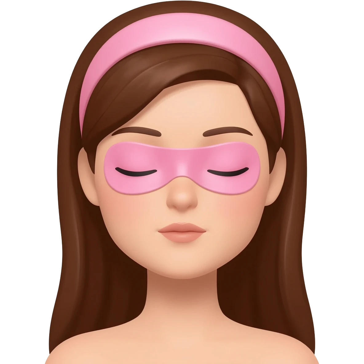 Brown hair woman, eyes closed, calm, headband, pink eye patches, glossy skin, 3D emoji style, white background emoji