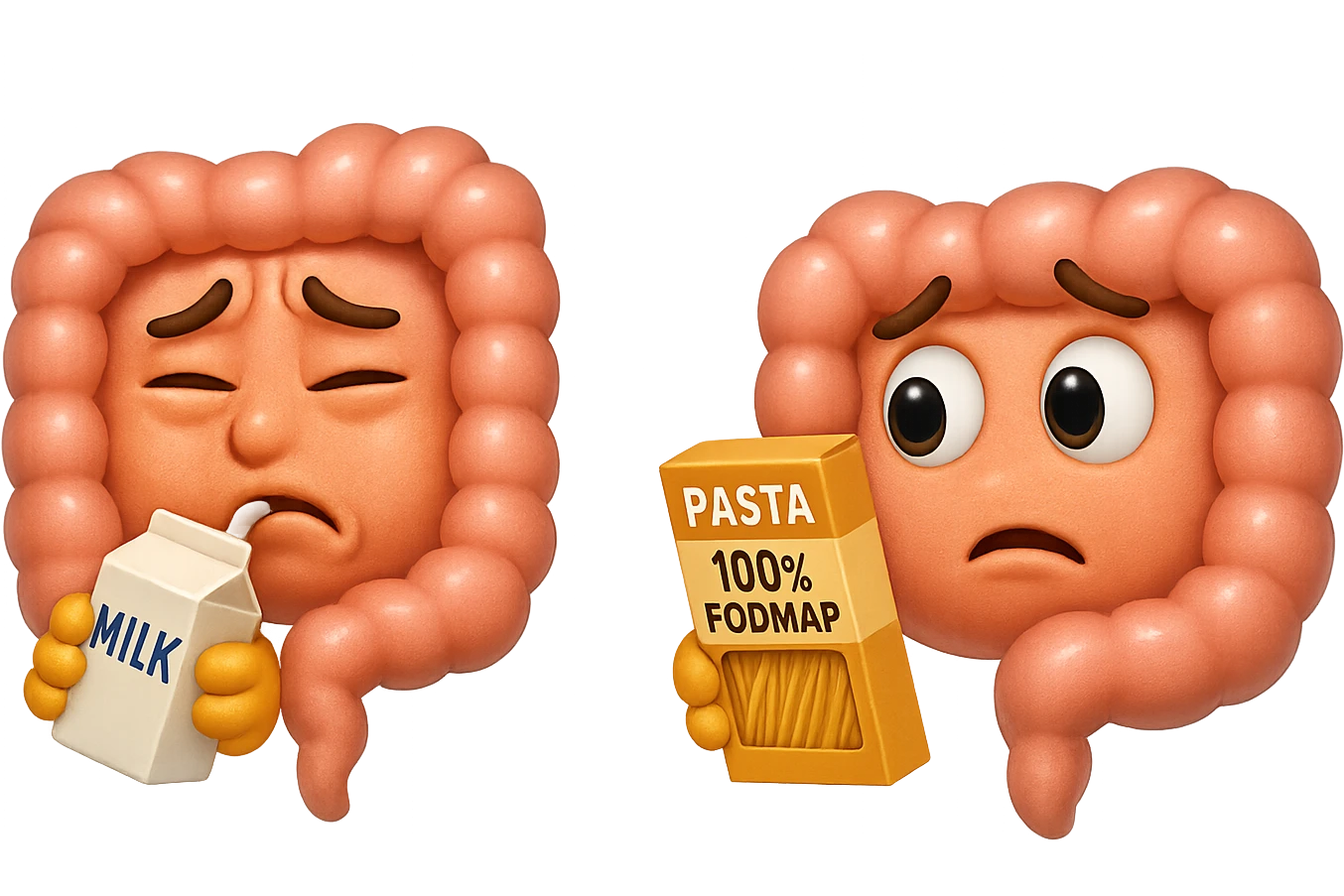 emoji stile iphone di un intestino che beve latte e ha un espressione di dolore e un intestino che guarda un pacco di pasta con la scritta "100% FODMAP" SULL'ETICHETTA CON ESPRESSIONE CONFUSA, iperrealistico 4k, isolato su sfondo bianco emoji