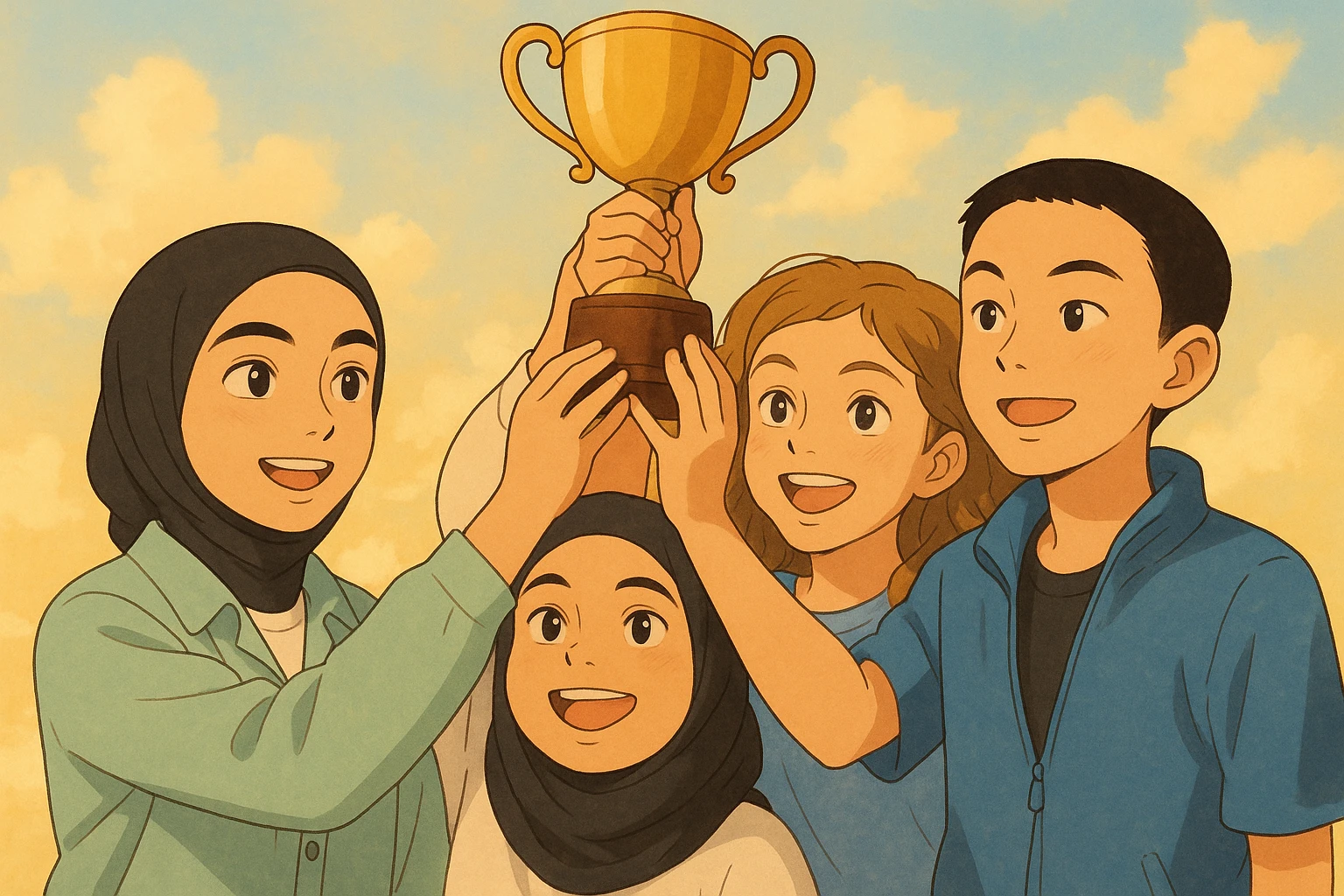 Illustration style Ghibli, depicting four students inspired by the four faces in the references, lifting a trophy together. The scene has a warm atmosphere with a soft and bright background, in the style of a Japanese animation film, featuring expressive traits and harmonious colors. emoji