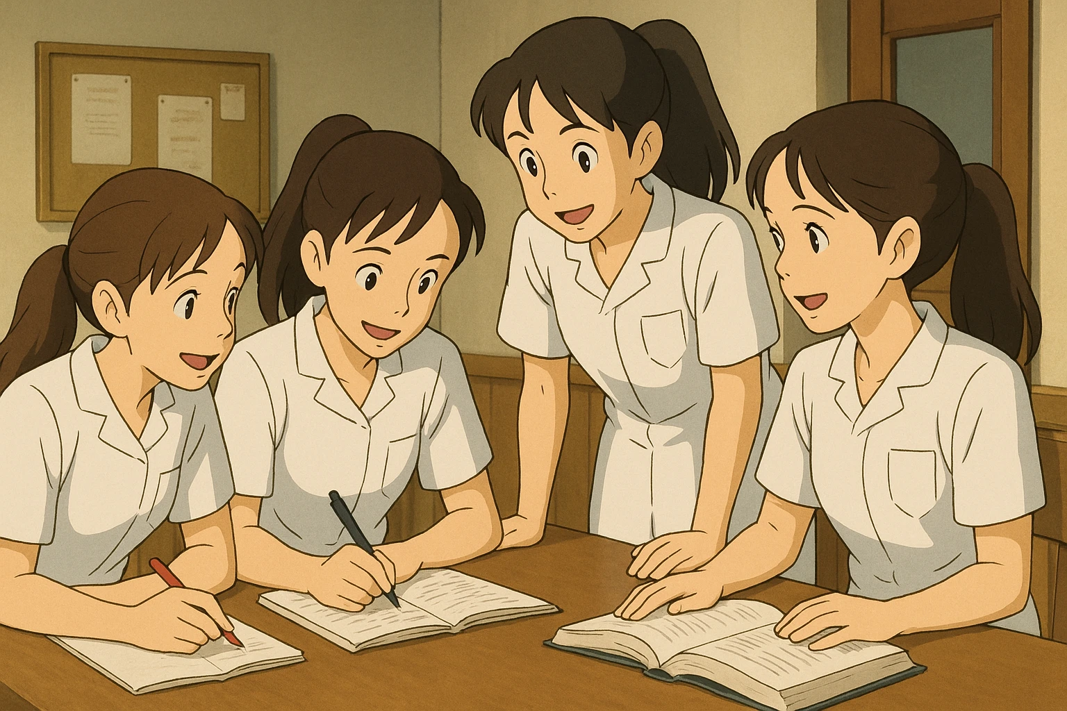 Quatre étudiants infirmiers, style Ghibli, en intérieur, travaillant ensemble. Uniformes blancs à manches courtes, tuniques col en V, poche poitrine à gauche, avant-bras nus, sans stéthoscopes ni pied de col, cheveux longs attachés. Interaction et collaboration évidentes, ambiance professionnelle et amicale. emoji