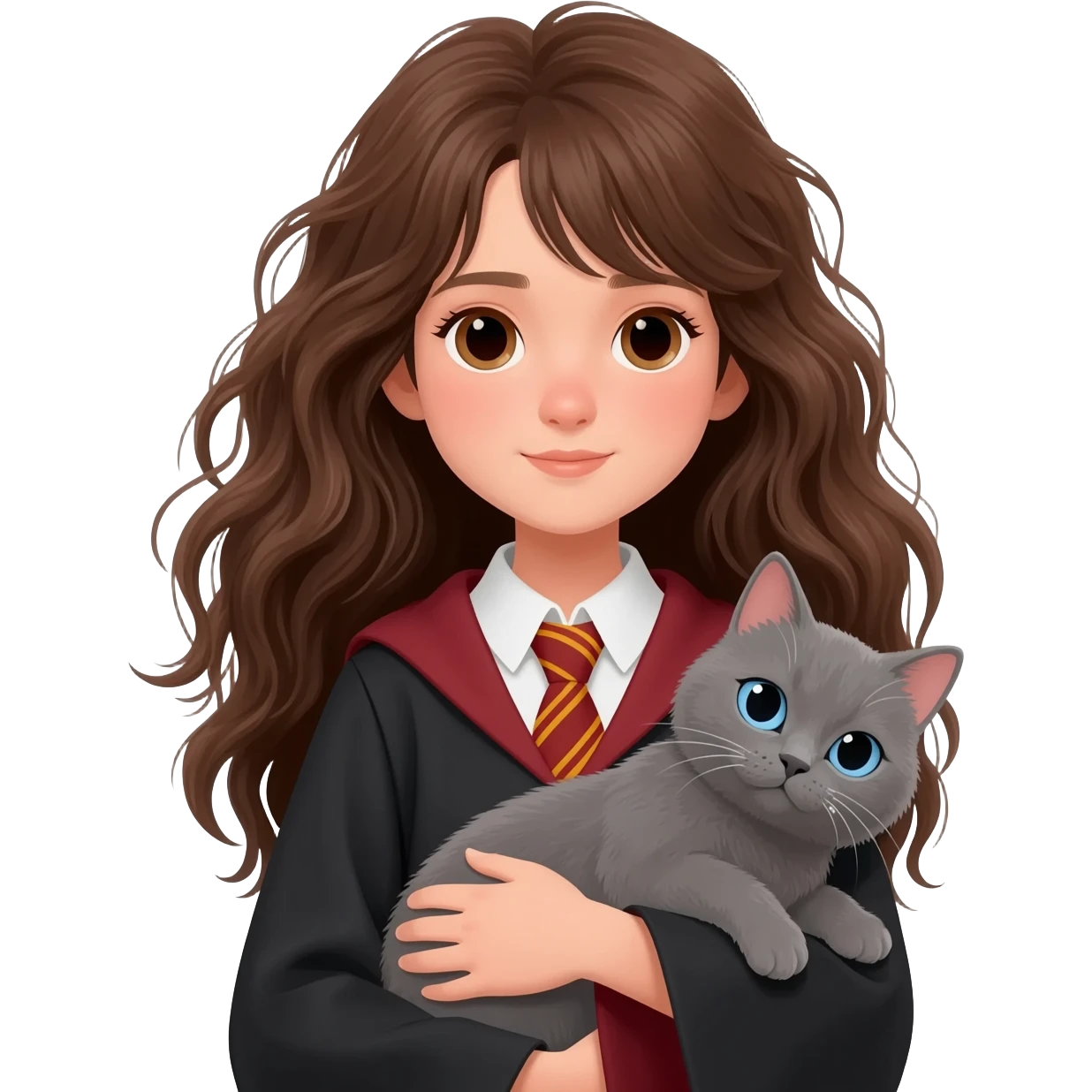 Asian girl with long messy wavy brown hair and brown eyes wearing Ravenclaw robe from Harry Potter, holding a gray cat with blue eyes in hands emoji