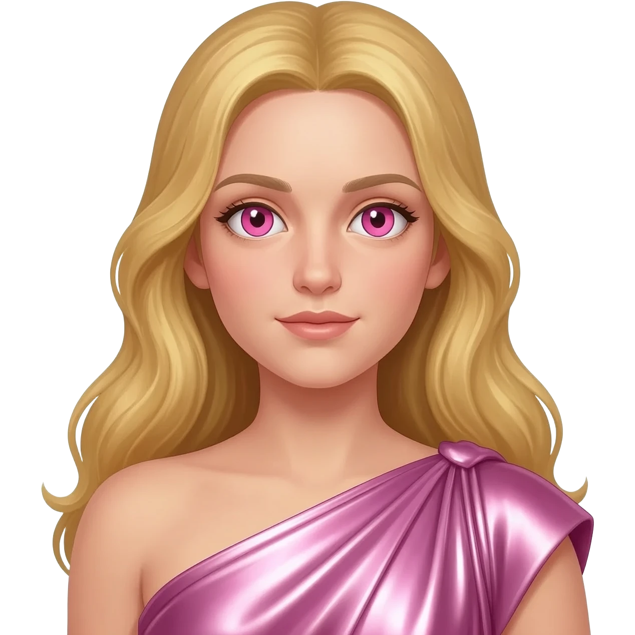 Venus from Roman Mythology with pink eyes, long blonde hair, pink metallic peplos emoji