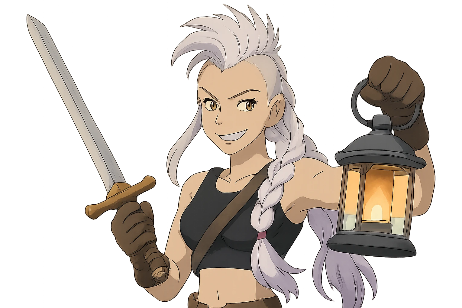 A sword maiden, mohawk, long braid white hair with lavender and tips long l locks cascading to the front, gold yellow eyes, black crop top, brandishing a lantern. Mischievous smirk emoji