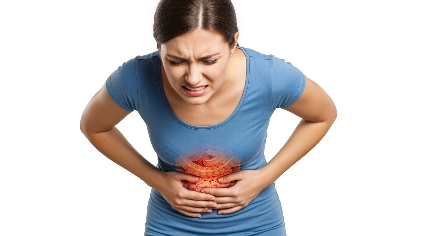 donna piegata in avanti frontalmente con mal di pancia, espressione di dolore in volto in primo piano e intestino anatomico in evidenza, iperrealistico 4k, sfondo bianco emoji