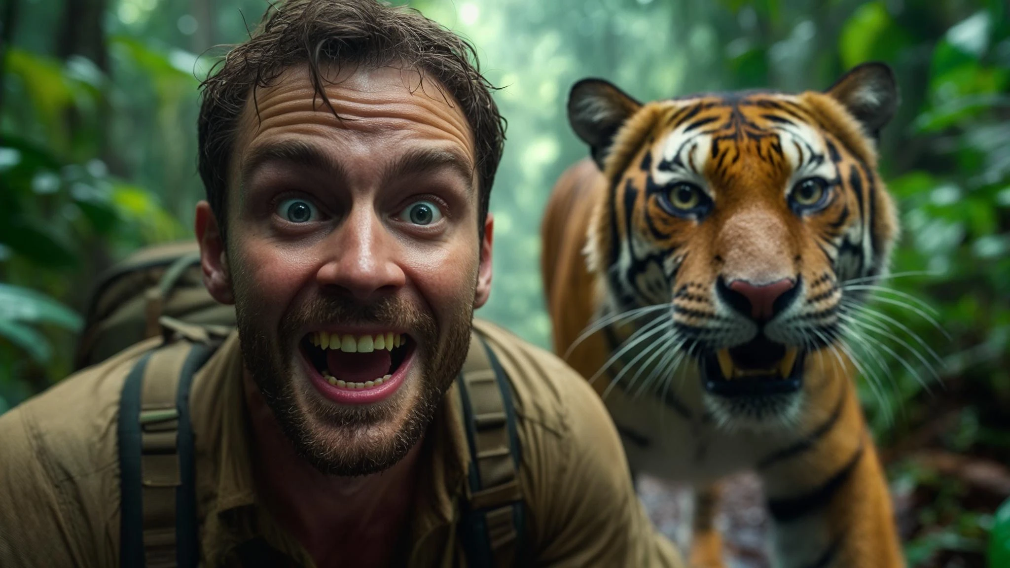 cinematic still, documentary photography, amazon jungle, well lit scene, man is exploring the jungle, close up, front shot, rule of thirds, tiger in background sneaking trying to jump on man emoji