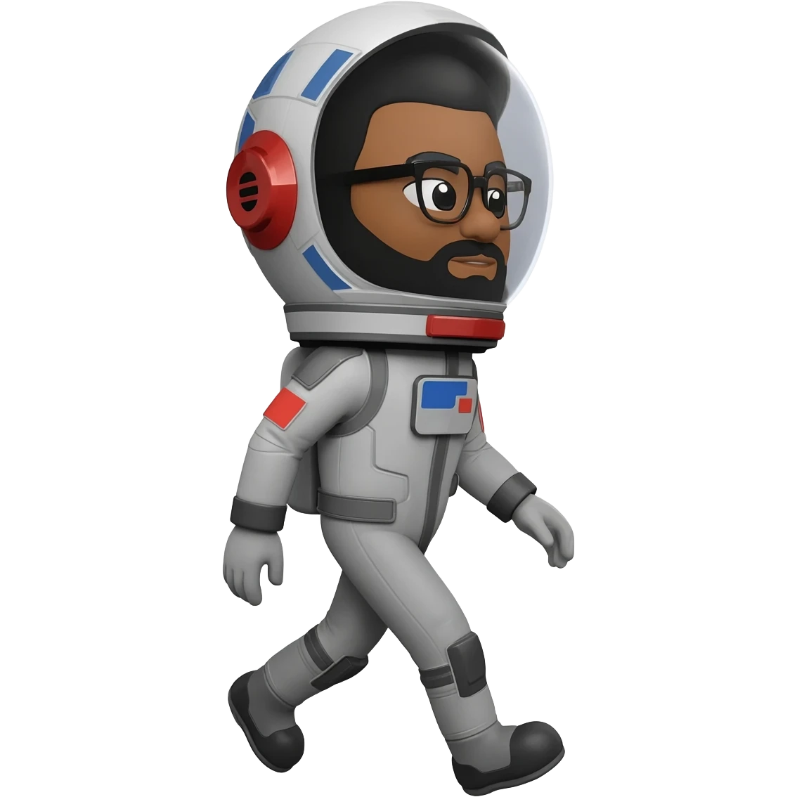 astronaut with helmet walking space brown skin, black eyes, glasses and beard  black hair show body emoji