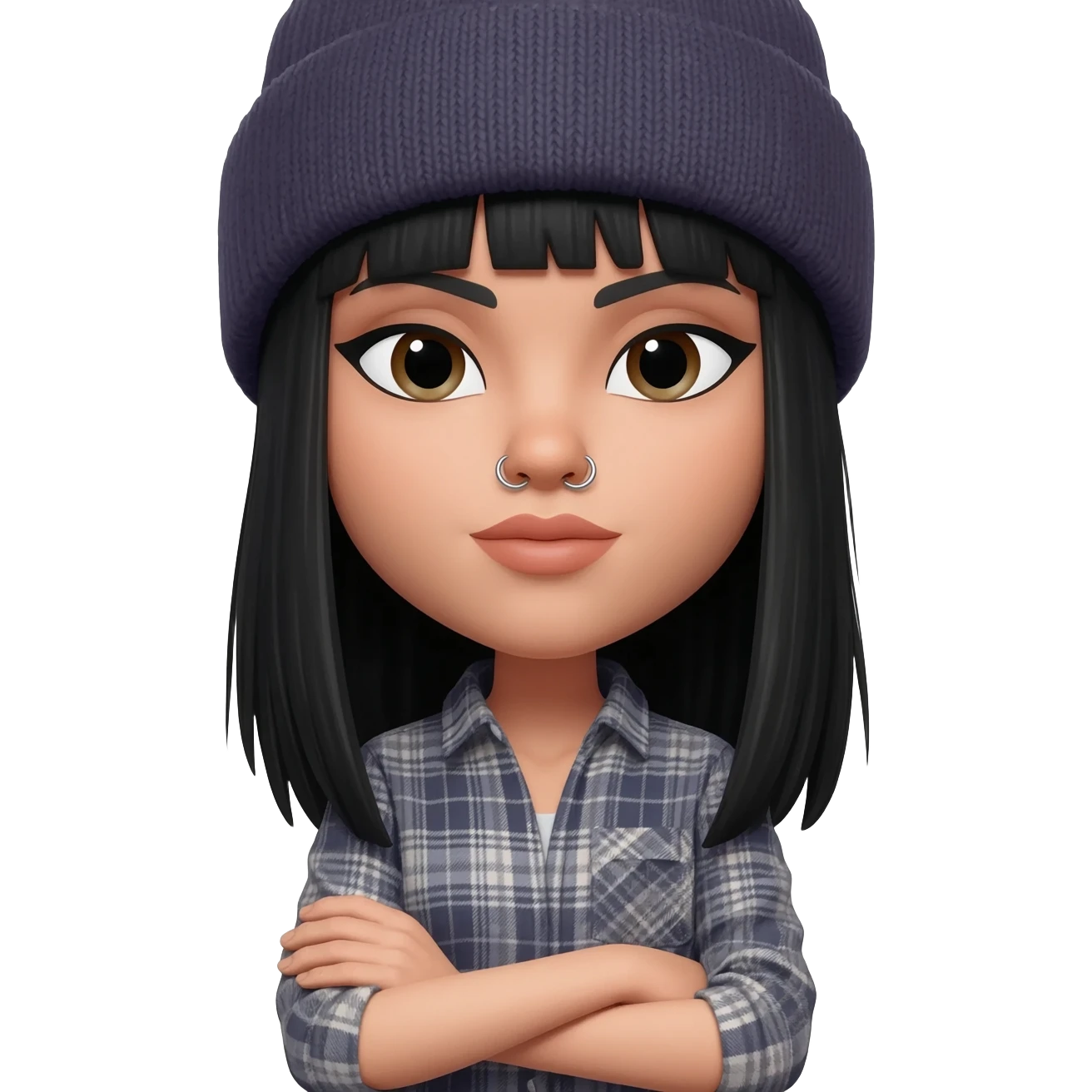 White curvy female with straight black hair wearing a beanie and standing with arms crossed wearing a plaid shirt and both nostrils pierced emoji