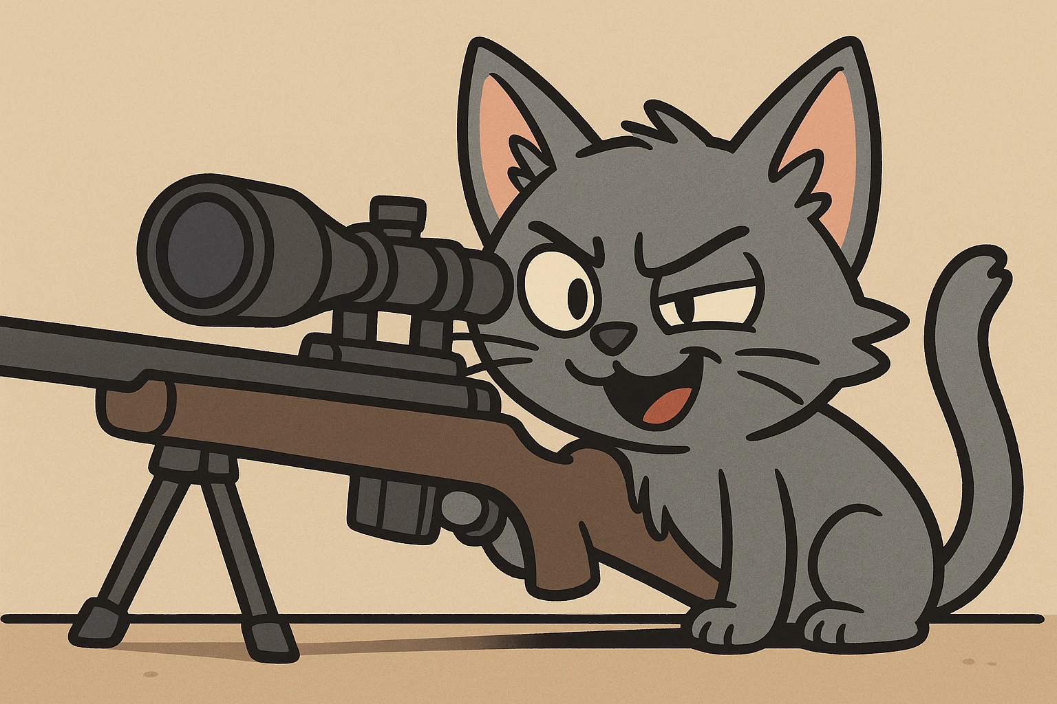 cartoonish small grey cat peeking behind a sniper rifle, cute and mischievous emoji